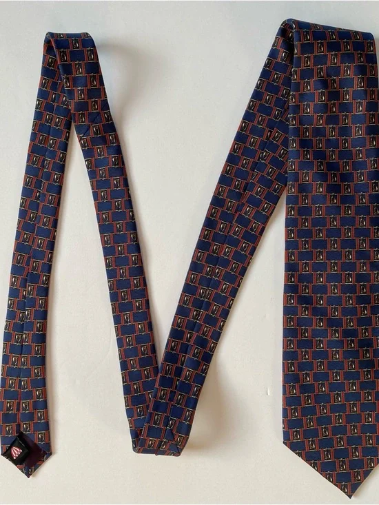 Equestrian Silk Tie Hand Tailored Stirrups Navy Blue Red Necktie Horses Preppy - Picture 2 of 13